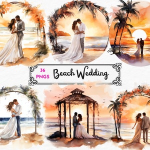 Beach Wedding, Sunset Romance, Sunset Kiss, Beautiful Bride clipart bridal gown clipart png commercial use Digital Download