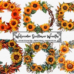 Watercolor Sunflower Wreaths Clipart, Floral Frames, Watercolor Floral Wreath PNG Instant Download for commercial use