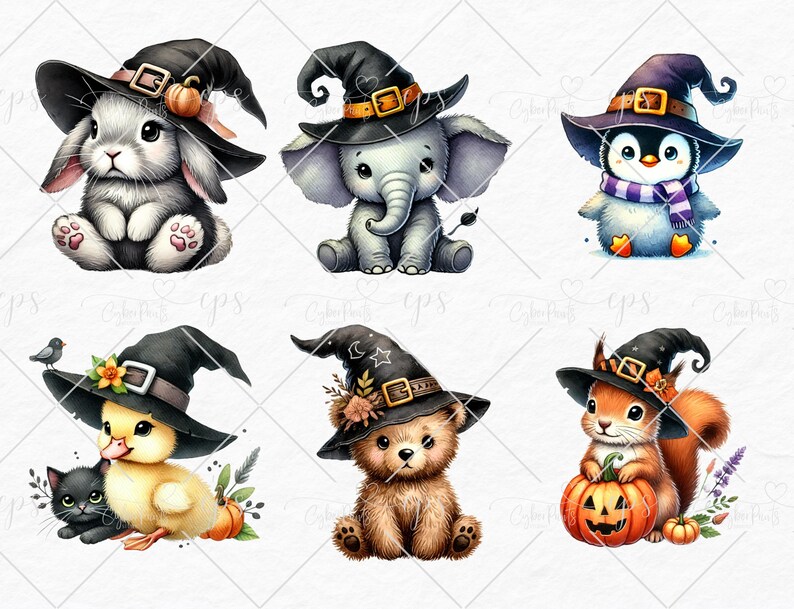May include: Six adorable Halloween-themed animal illustrations. A bunny, elephant, penguin, duck, bear, and squirrel are all wearing witch hats and holding Halloween-themed props.