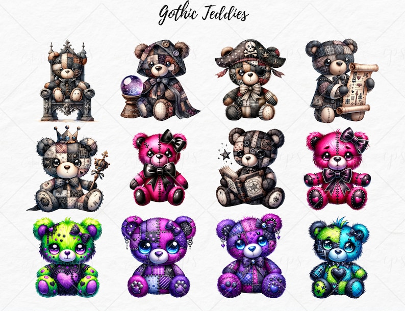 May include: Twelve illustrated gothic teddy bears with different personalities and accessories. The bears are made of patchwork fabric and have different colored fur, eyes, and clothing. The bears are all sitting or standing on a white background. The text "Gothic Teddies" is written at the top of the image.