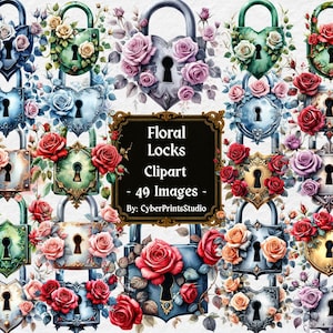 Floral Lock Clipart Bundle - 49 Aquarell Vorhängeschloss und Rose Illustrationen in PNG für Junk Journals, Schreibwaren, Decoupage und Scrapbooking