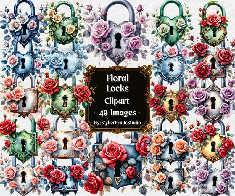 Floral Lock Clipart Bundle - 49 Watercolor Padlock and Rose ...