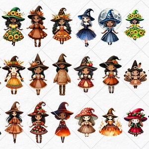 May include: A set of 20 digital illustrations of cute witches with different hats and outfits. The witches are wearing various colors, including red, green, blue, yellow, and brown. They are all smiling and have different hairstyles. The illustrations are perfect for use in digital scrapbooking, card making, and other creative projects.