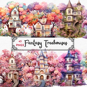 Watercolor Fantasy Treehouse Clipart - Floral House PNG format instant download for commercial use junk journal scrapbook