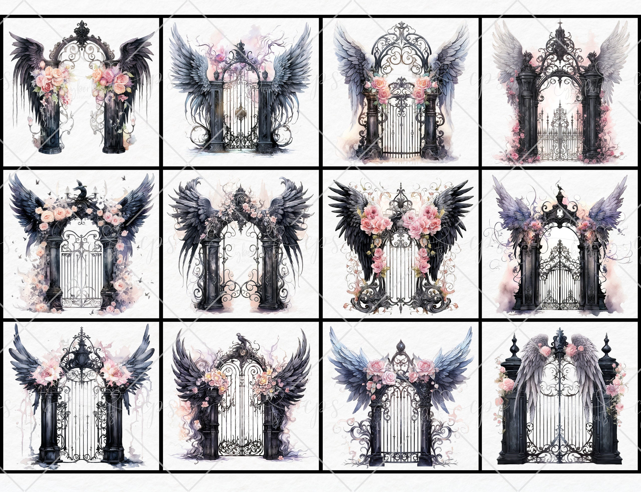 Watercolor Gothic Angel Gates Clipart - Ethereal Doors, Fantasy Heaven ...