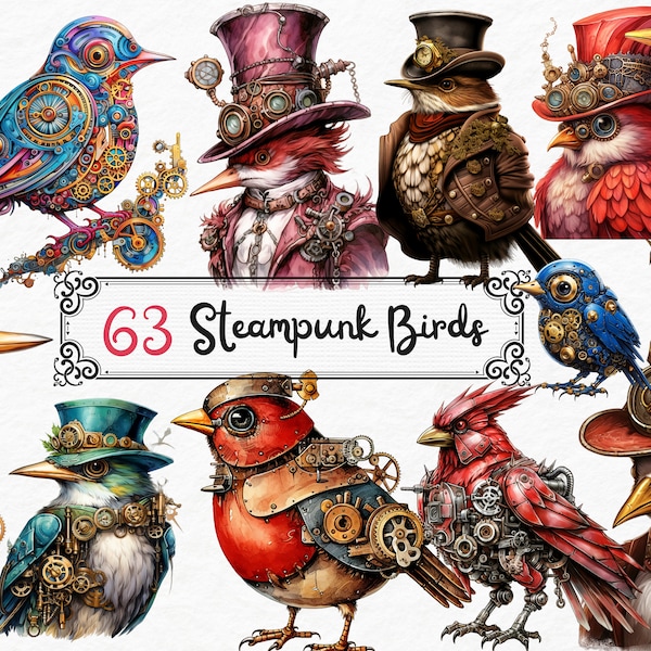 Watercolor Steampunk Birds Clipart, steampunk clipart PNG, Birds PNG, Scrapbook, Junk Journal, Paper Crafts Scrapbooking