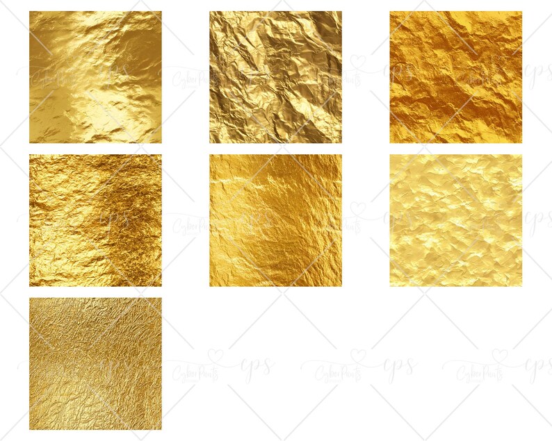 May include: Collection of seven square images featuring various textures of gold foil. The gold foil textures vary in appearance, with some appearing smooth and others heavily creased, creating a range of reflective surfaces.