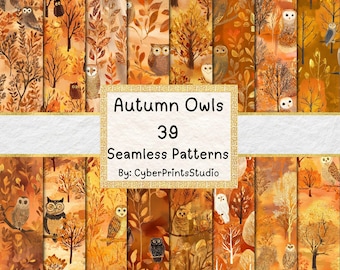 Owl Seamless Patterns Autumn Forest Digital Paper – Cozy Woodland Owl Backgrounds for Sublimation, Journals, and Fall Crafts, Card making