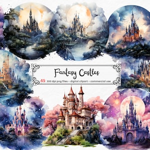 水彩ファンタジー城クリップアート - ファンタジー城の夜の風景風景 PNG 形式、商用利用のための即時ダウンロード