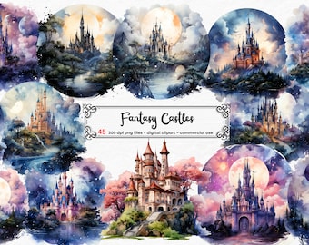 Aquarell Fantasy Burgen Clipart - Fantasy Burg Nacht Landschaft Landschaften PNG format sofortiger Download für kommerzielle Nutzung