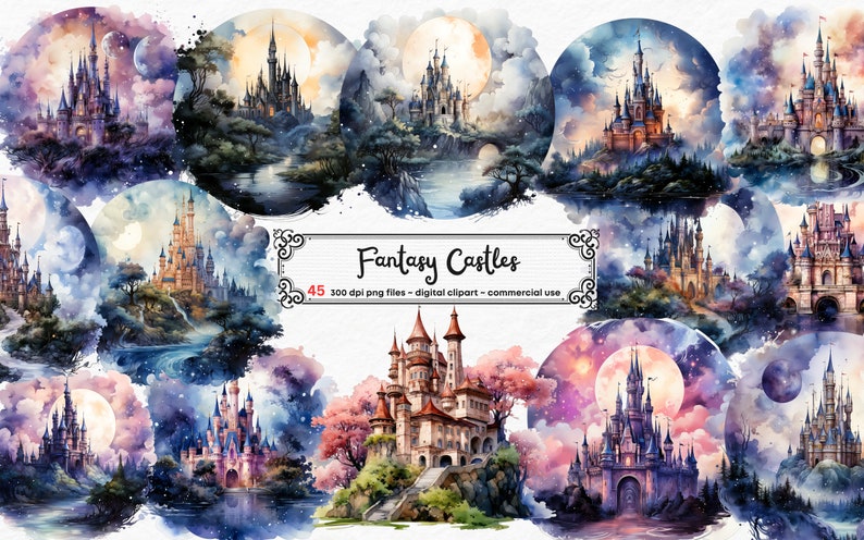 Aquarel Fantasy Castles Clipart - fantasy kasteel nacht landschap landschappen PNG formaat instant download voor commercieel gebruik afbeelding 1