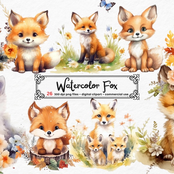 Watercolor Fox Clipart, Baby Fox painted foxes clipart, woodland animal illustrations, PNG graphics, scrapbook embellishments commercial use