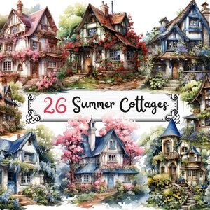 Watercolor Summer Cottages Clipart - Summertime houses PNG format instant download for commercial use