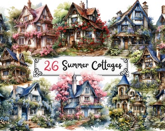 Acuarela Summer Cottages Clipart - Casas de verano formato PNG descarga instantánea para uso comercial