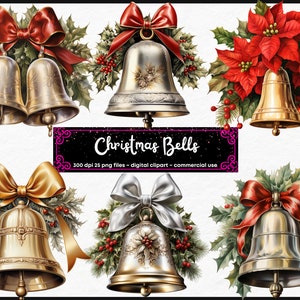 Silver Bells Clip Art, Isolated chrome christmas bell decor and symbols.