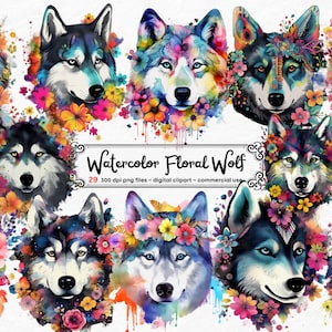 Wolf in flowers Watercolor clipart, illustration set, stickers, Scrapbook, Junk Journal, Paper Crafts PNG graphics instant download