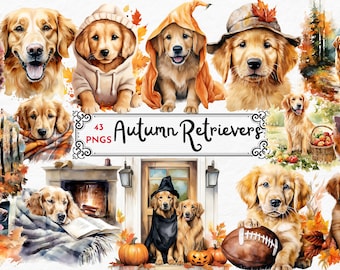May include: A collection of 43 digital illustrations of golden retriever dogs in various autumnal settings. The dogs are depicted in different poses and wearing costumes, including a witch's hat, a hooded cloak, and a sweater. The illustrations are painted in a watercolor style and feature fall foliage, pumpkins, and other autumnal elements.