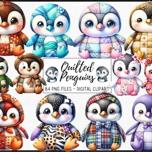Patchwork Quilted Penguin, Animal en peluche, art de pépinière, Pingouins adorables mignons, Fantaisie, Téléchargement instantané, Utilisation commerciale, journal indésirable