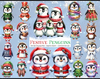 May include: A collection of 21 festive penguin illustrations in various holiday attire, including Santa hats, elf costumes, and Christmas trees. The penguins are depicted in a cartoon style with bright colors and playful expressions. The image includes the text "FESTIVE PENGUINS 300 dpi 212 png files - digital clipart - commercial use".