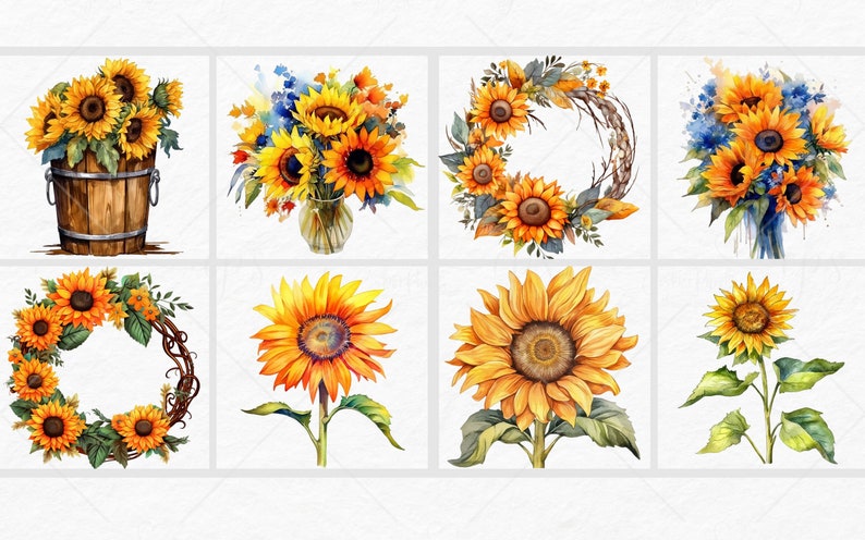 Watercolor Sunflowers Clipart Fall Sunflower Floral Bouquets - Etsy