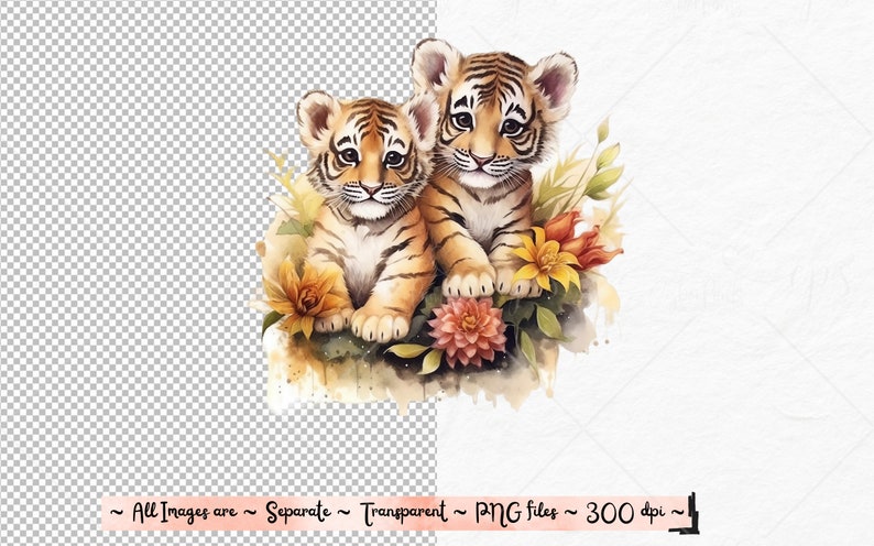 K&ouml;nnte beinhalten: Zwei Aquarell-Tigerbabys mit orangefarbenen und schwarzen Streifen sitzen in einem Bett aus gelben, orangefarbenen und rosafarbenen Blumen. Die Jungen schauen den Betrachter an.