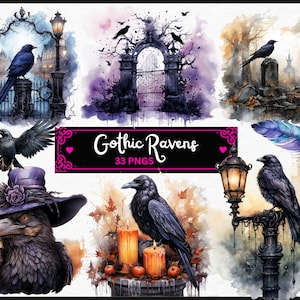 Watercolor Gothic Ravens Clipart - dark fantasy watercolor witch PNG format instant download for commercial use, Halloween
