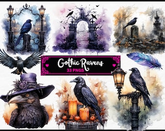 Watercolor Gothic Ravens Clipart - dark fantasy watercolor witch PNG format instant download for commercial use, Halloween