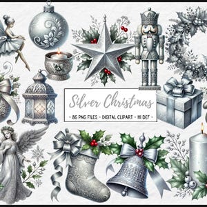 Könnte beinhalten: Ein Set mit 86 silbernen Weihnachts-Clipart-Bildern. Die Bilder beinhalten eine Fee, einen Nussknacker, einen Kranz, eine Laterne, eine Kerze, einen Stern, eine Glocke, einen Strumpf, eine Geschenkbox, einen Fäustling, einen Engel und einen Stechpalmenzweig.