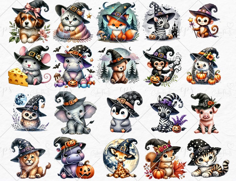 May include: A set of 20 digital illustrations featuring various animals wearing witch hats. The animals include a fox, a cat, a zebra, a pig, a mouse, a hippopotamus, an elephant, a penguin, a lion, a giraffe, a squirrel, and a hedgehog. The illustrations are in a cartoon style and are perfect for use in digital scrapbooking, card making, and other craft projects.