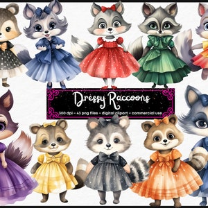 Watercolor raccoon clipart, Cute animal bundle, raccoon in a dreess, tutu, Woodland animal clipart, raccoon png, Junk journal, Paper craft