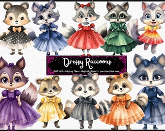 Imágenes prediseñadas de mapache de acuarela, lindo paquete de animales, mapache en un vestido, tutú, imágenes prediseñadas de animales del bosque, mapache png, diario basura, artesanía de papel