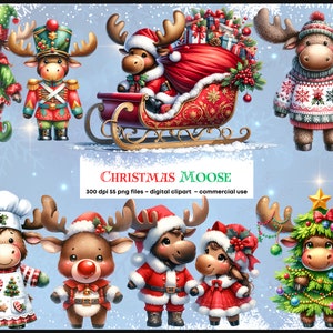 Christmas Moose PNG Clipart, Watercolor Winter Moose Holiday bundle Perfect for Winter Junk Journals Invitation Sublimation & Scrapbooking