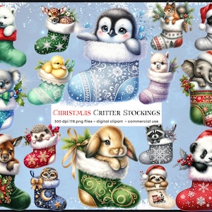 Calze natalizie, simpatici animali natalizi ad acquerello, vacanze, festivi, bundle clipart, PNG digitale, download istantaneo, uso commerciale
