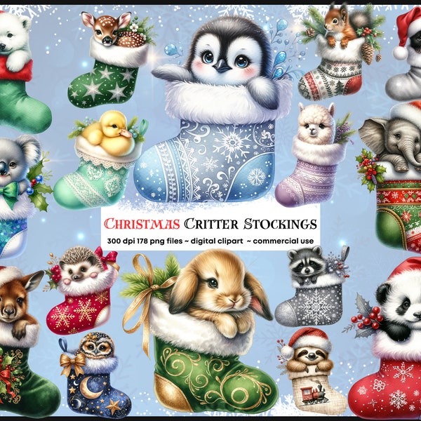 Christmas critter Stockings, cute watercolor xmas animals,  Holiday, Festive,  Clipart Bundle, PNG Digital, Instant Download, Commercial use