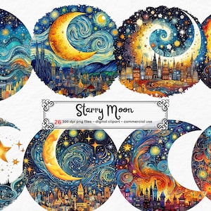 Notte stellata Luna ClipArt PNG per uso commerciale File PNG per il download istantaneo del foglio di collage digitale a sublimazione