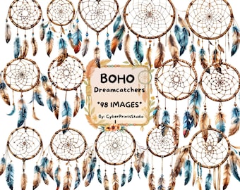 Boho Dreamcatcher Clipart Bundle with 98 Watercolor PNG Images Featuring Feathers, Tribal Webs, and Floral Decor for Sublimation and Crafts