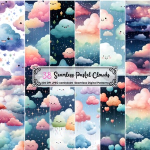Seamless Pastel Watercolor Clouds, Baby Shower Pattern, nursery illustration,  Happy Faces, Stars, Sky, instant download, commercial use