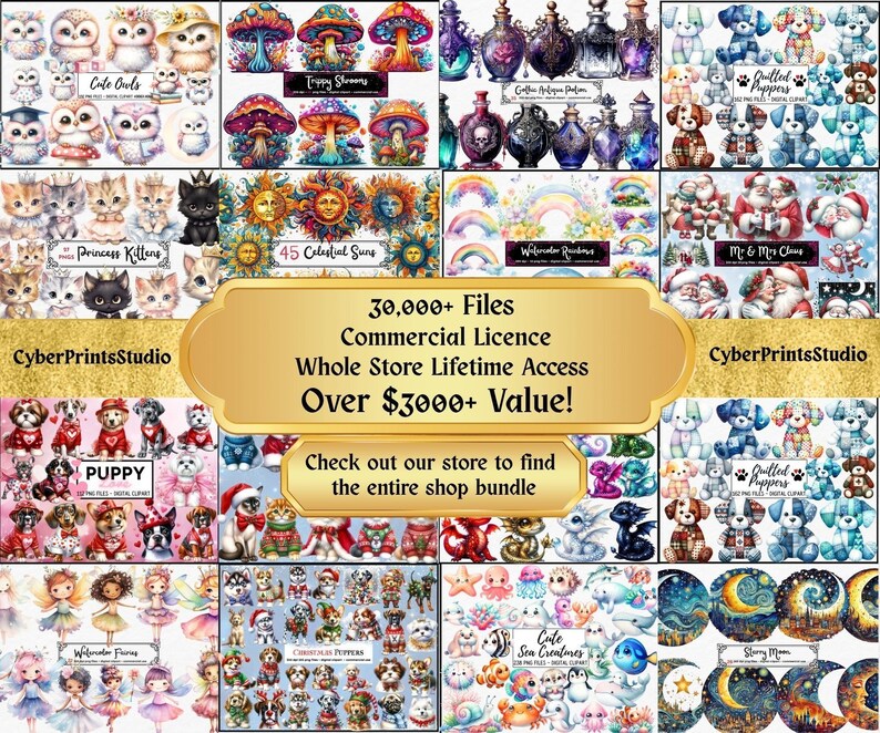 May include: A collage of digital art prints featuring various themes, including owls, mushrooms, kittens, suns, puppies, fairies, and celestial designs. The image includes text that reads "30,000+ Files Commercial Licence Whole Store Lifetime Access Over $3000+ Value!"