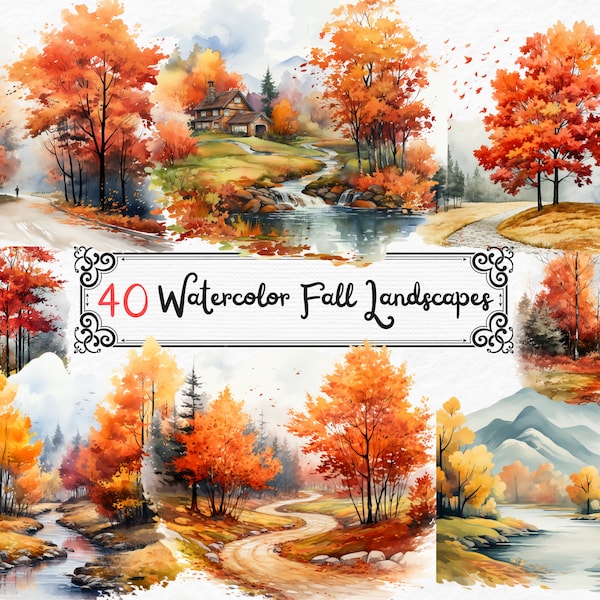 Watercolor Autumn Clipart, Fall Landscape Png Instant Download, Fall Scene Clipart, Autumn Scenery, Landscape Clipart Bundle Commercial Use