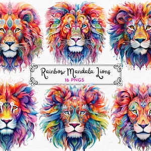 Leão de mandala de arco-íris, arte intricada, animal místico, design de mandala, decoração mística, clipart, espiritual, download instantâneo