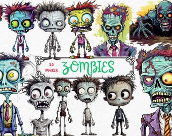 May include: A set of 53 cartoon zombie illustrations in various poses and expressions. The zombies are green, blue, and gray with different colored hair and clothing. The illustrations are perfect for Halloween or spooky themed projects.