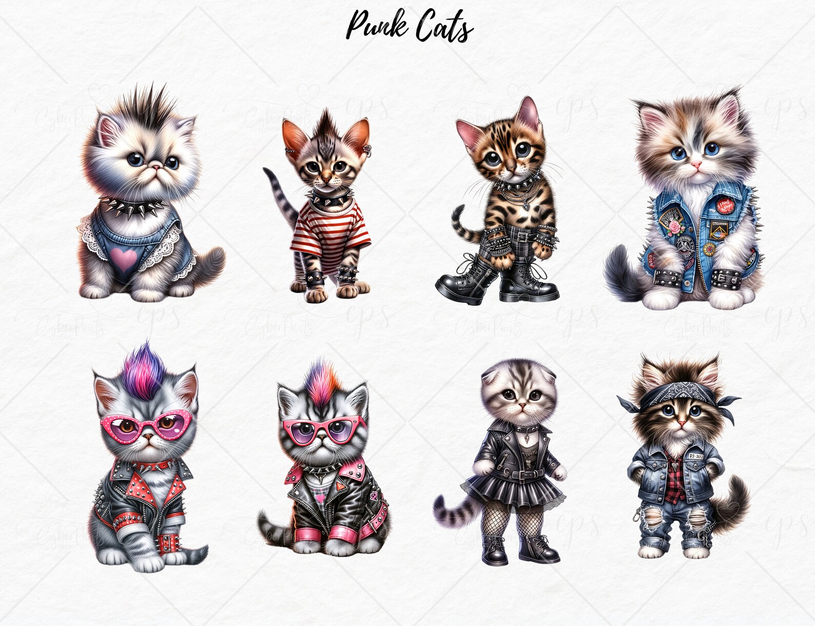 Gothic Punk Rocker Cat Illustrations, Mohawk Kitten, Clipart, Clip Art ...