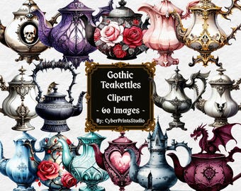 Gotische aquarel waterketel clipart png bundel – Haunted theepotten, schedel waterkokers, Witchy Tea Party decor, donkere bloemen esthetische set