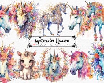 水彩ユニコーン クリップアート、ファンタジー クリップアート グラフィック PNG クリップアート グラフィック、商用利用のための即時ダウンロード、花のユニコーン
