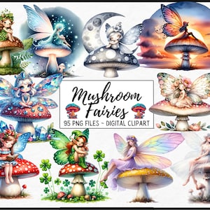 PNG Watercolor Mushroom Fairies Clipart, Enchanted Forest Fairy PNG Bundle, fairy tale graphics, Floral Little Fairies Fairyland Clip art