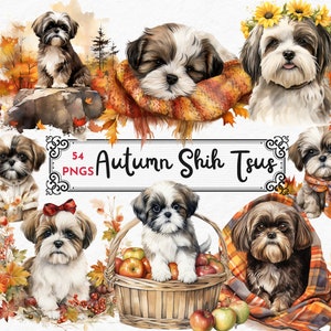 Watercolor Shih Tzus, Autumn Shih Tzus, Fall Shih Tzus, Fall Shih Tzus, Dogs in Autumn, Instant download, junk journal, Fall Clipart