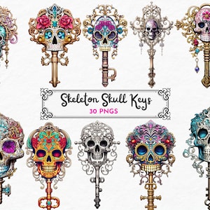 Skeleton Keys Clipart Watercolor Graphics - Digital Download PNG Files For Commercial Use Transparent Background - Cards, Papercraft
