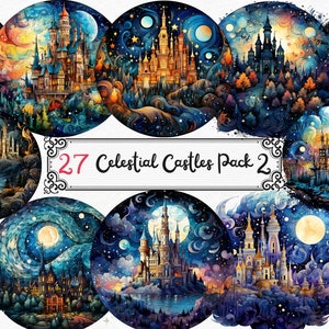 Fantasy Castles Clipart - Moonlit Castles, Celestial, fantasy castle night scenery landscapes PNG format instant download for commercial use