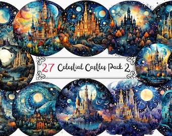 Fantasy Castles Clipart - Moonlit Castles, Celestial, fantasy castle night scenery landscapes PNG format instant download for commercial use
