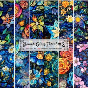 Papel para impressão de álbum de recortes digital sem emenda de vitral floral | Papel Digital | Vitral floral | Flor com padrão de vitral